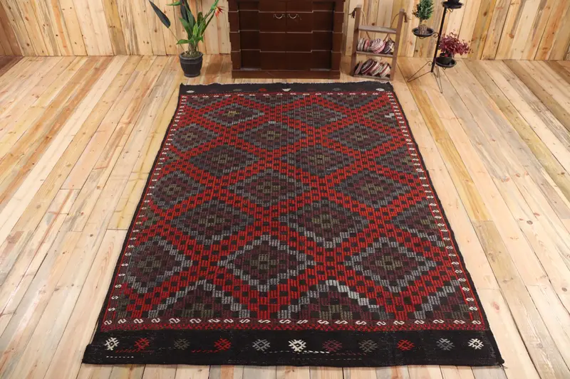 Alfombra turca Kilim grande 6,1x9,3 pies (186x283 cm), alfombra vintage de camuflaje rojo - 1
