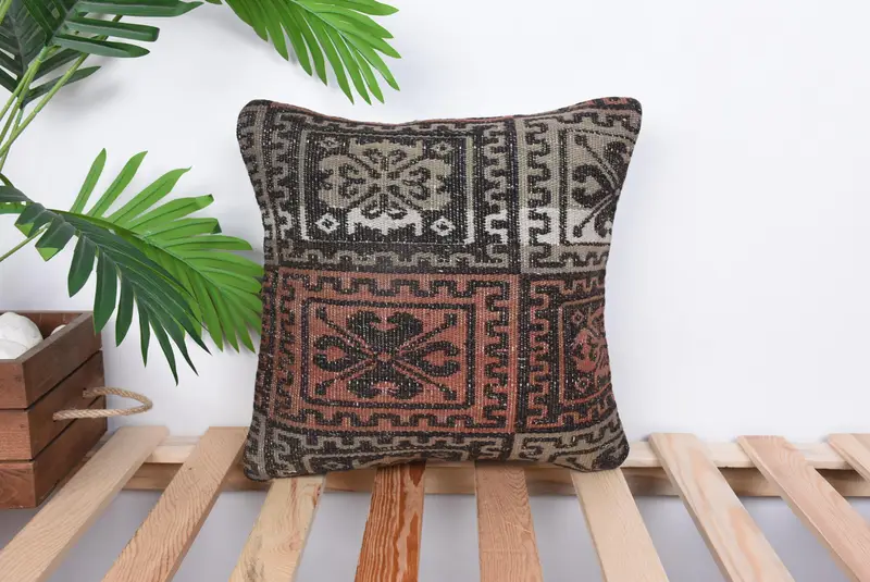 Boho Pillow, Shabby Chic Pillow, 14x14 Brown Pillow Case, Pillow Case, Kilim Pillow, Kilim Cushion Sham, Outdoor Bolster Cushion - 1
