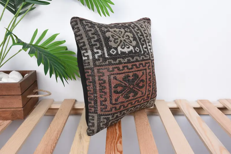 Boho Pillow, Shabby Chic Pillow, 14x14 Brown Pillow Case, Pillow Case, Kilim Pillow, Kilim Cushion Sham, Outdoor Bolster Cushion - 4