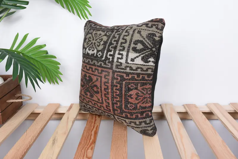Boho Pillow, Shabby Chic Pillow, 14x14 Brown Pillow Case, Pillow Case, Kilim Pillow, Kilim Cushion Sham, Outdoor Bolster Cushion - 5