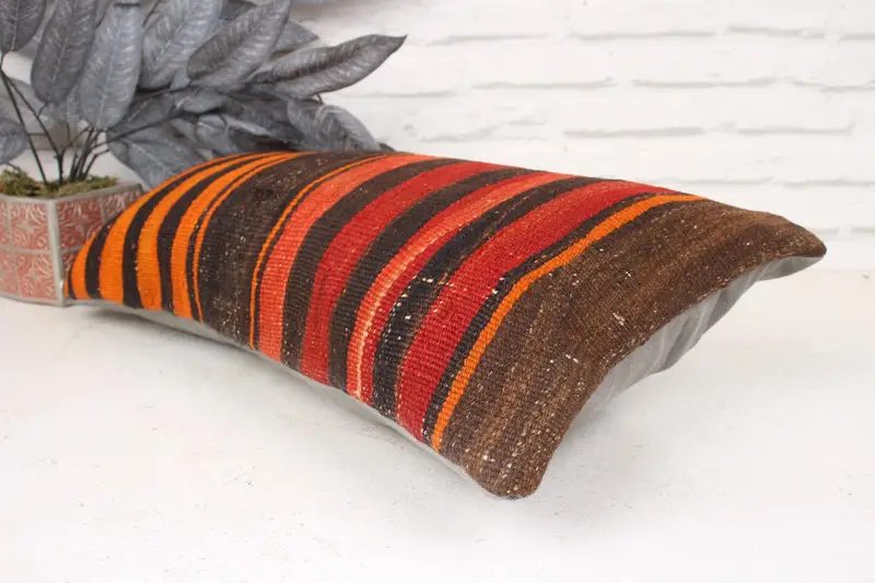 Ethnical Kilim Rug Pillow, 12x24 Orange Pillow Cover, Home Decor Pillow, Turkish Kilim Pillow, Cushion, Natural Pillow Cover - 6