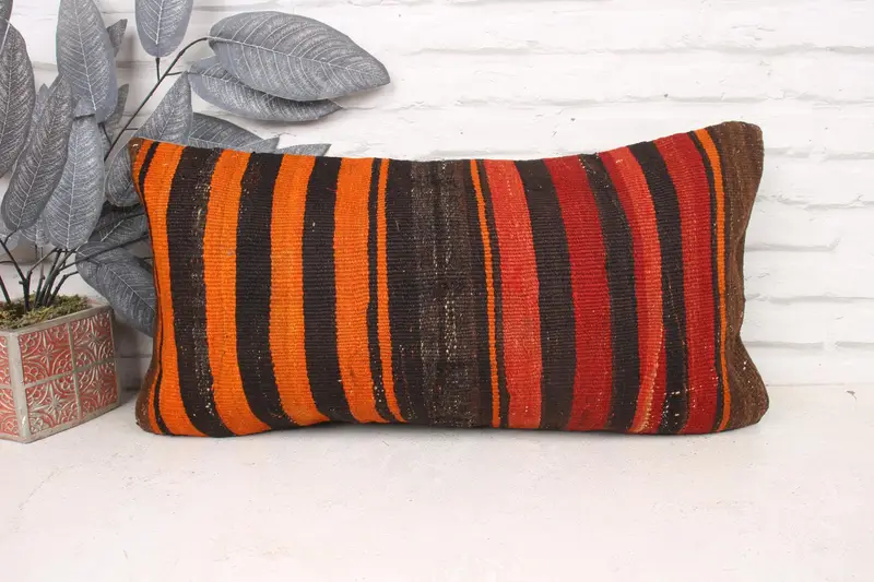 Ethnical Kilim Rug Pillow, 12x24 Orange Pillow Cover, Home Decor Pillow, Turkish Kilim Pillow, Cushion, Natural Pillow Cover - 1
