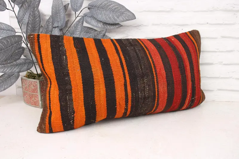 Ethnical Kilim Rug Pillow, 12x24 Orange Pillow Cover, Home Decor Pillow, Turkish Kilim Pillow, Cushion, Natural Pillow Cover - 3