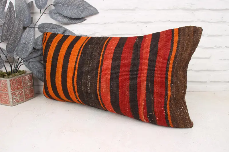 Ethnical Kilim Rug Pillow, 12x24 Orange Pillow Cover, Home Decor Pillow, Turkish Kilim Pillow, Cushion, Natural Pillow Cover - 4