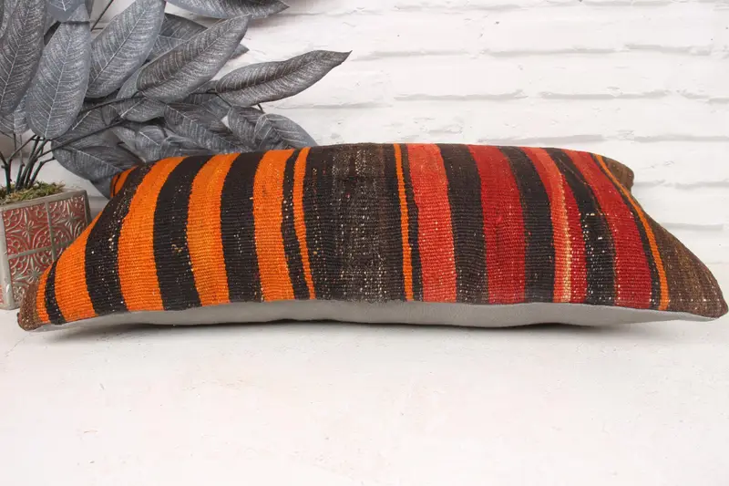 Ethnical Kilim Rug Pillow, 12x24 Orange Pillow Cover, Home Decor Pillow, Turkish Kilim Pillow, Cushion, Natural Pillow Cover - 5