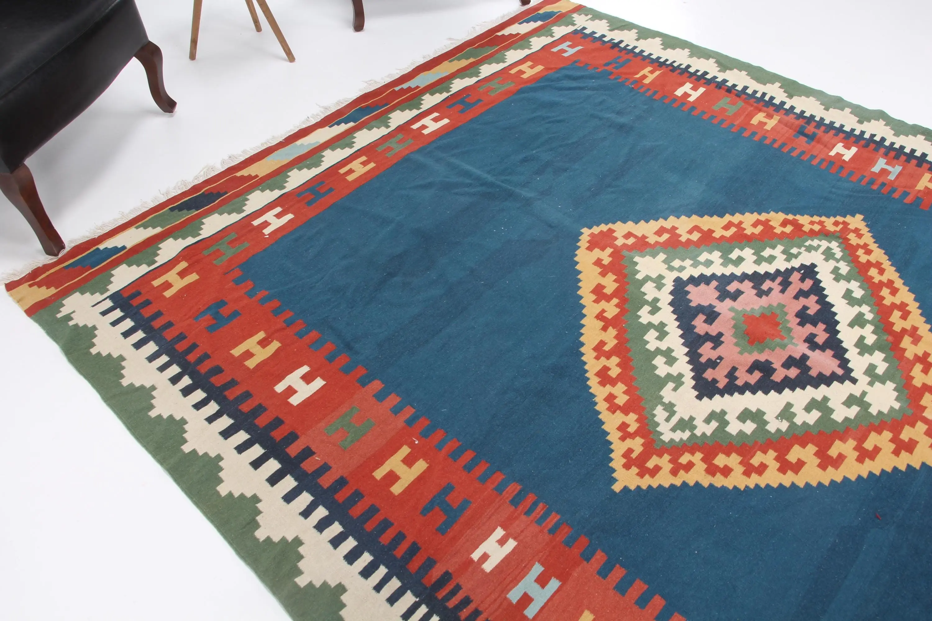 Turkish Vintage Oversize Rug 7.4x9.5 ft, Blue Red Polka dot Wool Rug - 1
