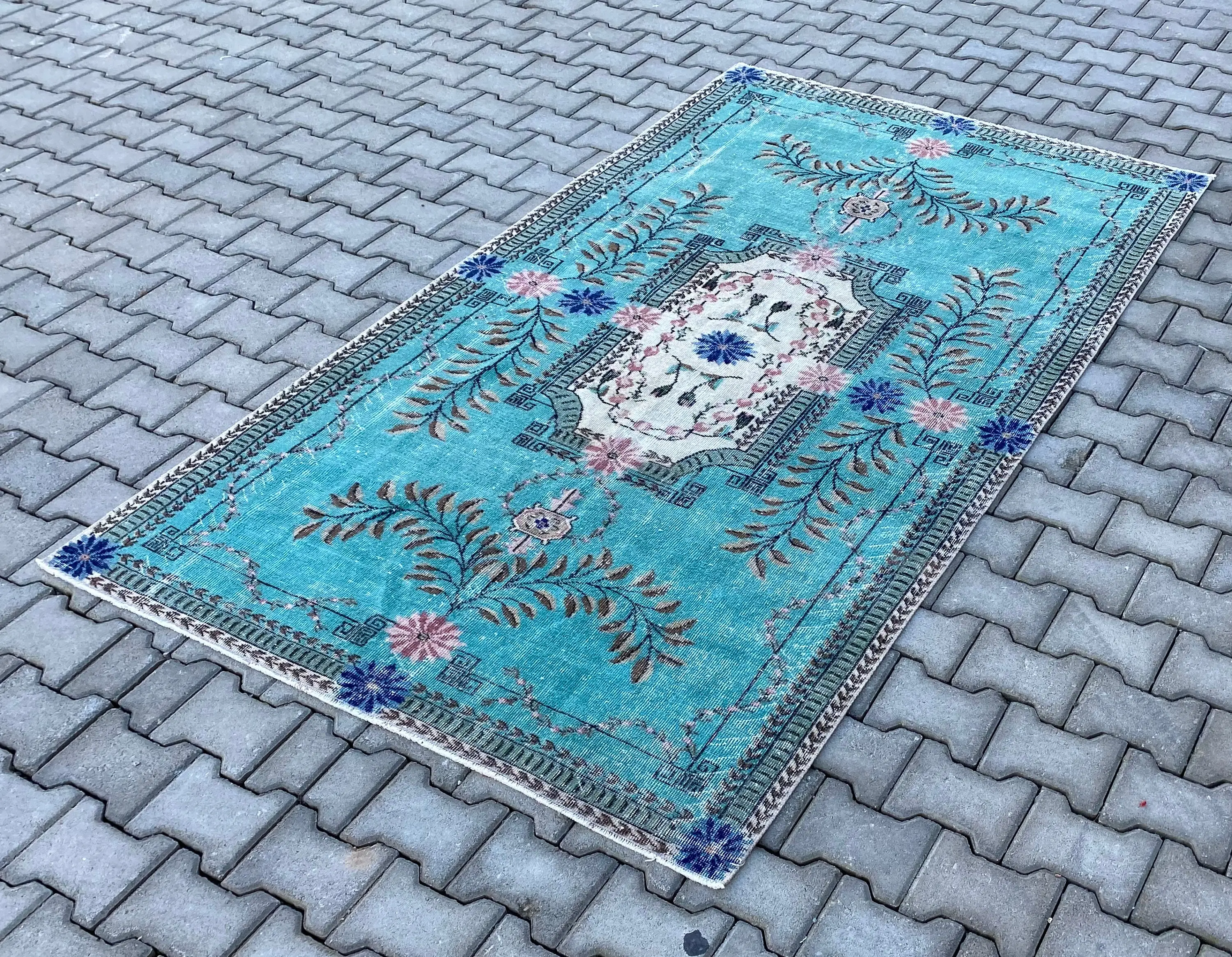 Turkish Vintage Area Rug 4.8x8.1 ft, Blue Wool Rug - 1