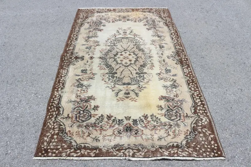 4.1x7 ft Halı, Türk Vintage Alan Halısı, Kahverengi Oushak Yün Halı - 1