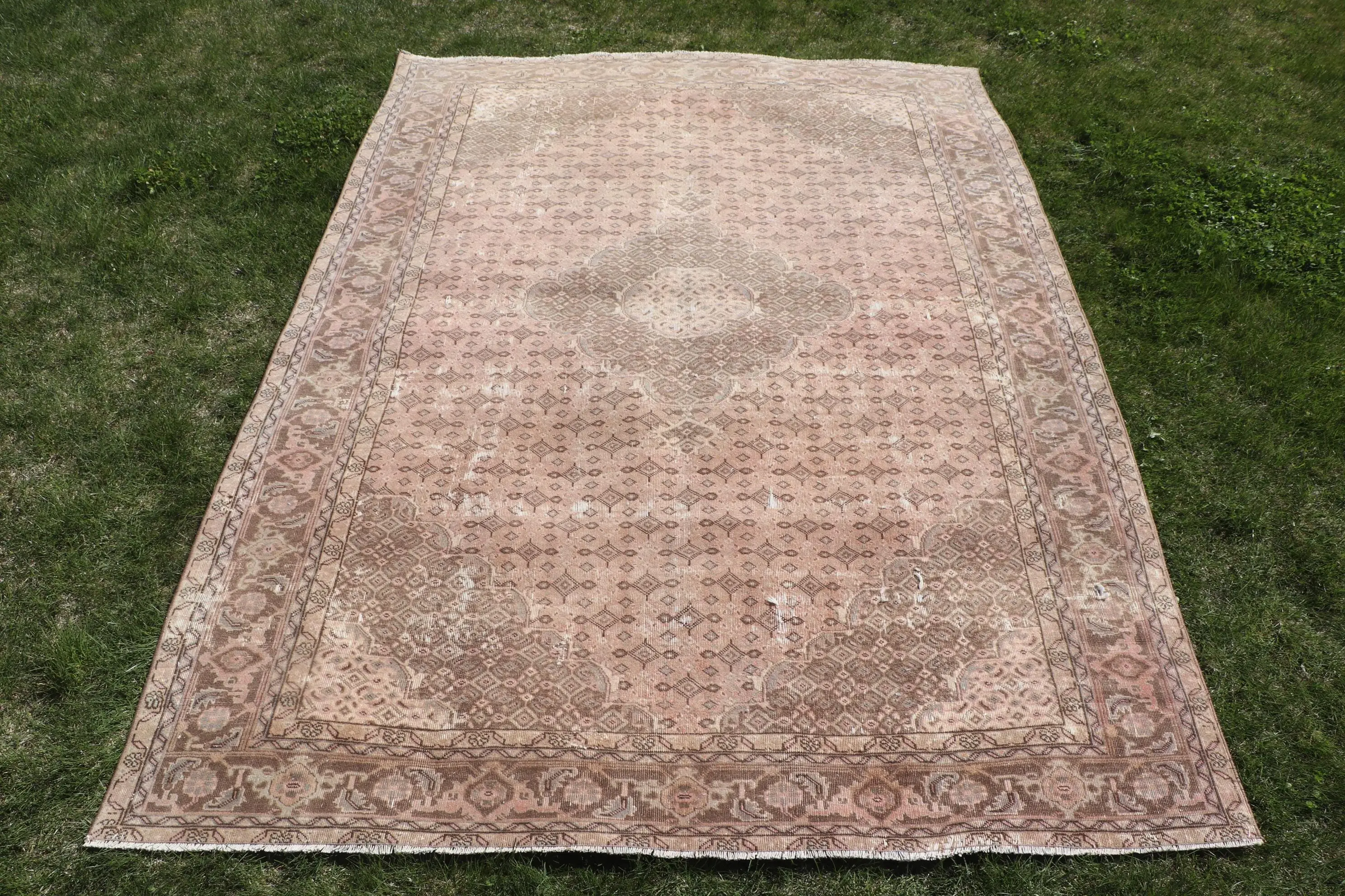 6.3x9.1 ft Büyük Türk Halısı, Vintage Halı, Kahverengi Pembe Oryantal Yün Halı - 1