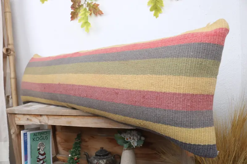 Living Room Throw Pillow Sham, 12x43 Yellow Cushion, Ethnical Kilim Rug Pillow, Pillow, Vintage Pillow, Pillow for Sofa, Bolster Throw Cushion Cover - 4