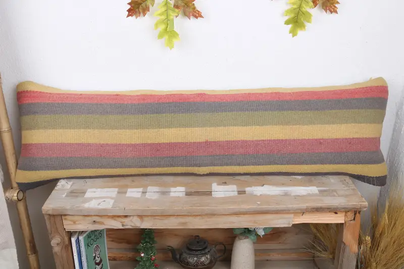 Living Room Throw Pillow Sham, 12x43 Yellow Cushion, Ethnical Kilim Rug Pillow, Pillow, Vintage Pillow, Pillow for Sofa, Bolster Throw Cushion Cover - 2