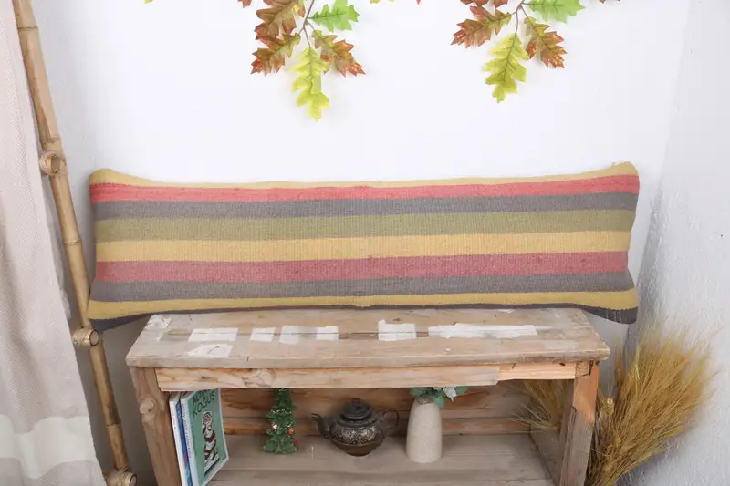 Living Room Throw Pillow Sham, 12x43 Yellow Cushion, Ethnical Kilim Rug Pillow, Pillow, Vintage Pillow, Pillow for Sofa, Bolster Throw Cushion Cover - 1