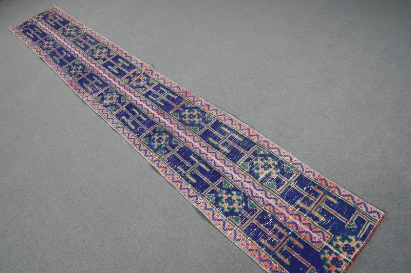 Turkish Vintage Rug 1.5x10.1 ft (47x309 cm), Oushak Blue Ombré Rug - 1