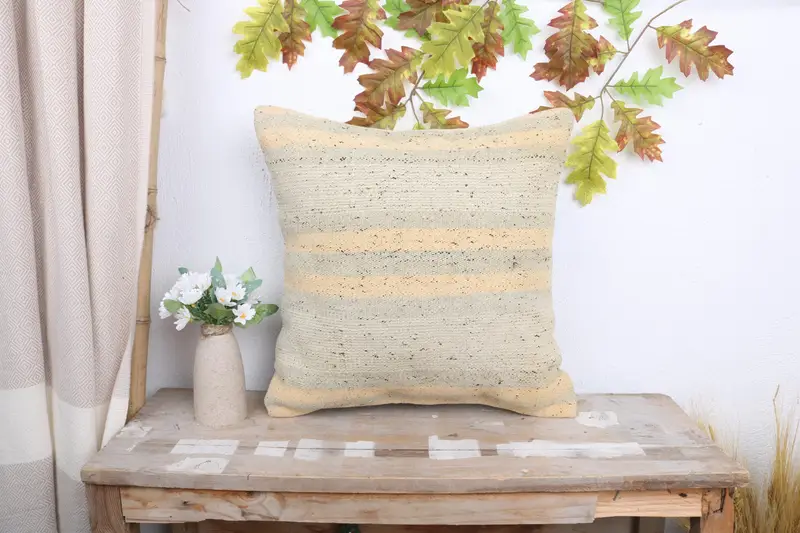 Kilim Cushion Sham, Handmade Kilim Cushion, Pillow Sham, Aesthetic Pillow Cover, 18x18 Beige Cushion Case, Boho Pillow Sham Cover - 1