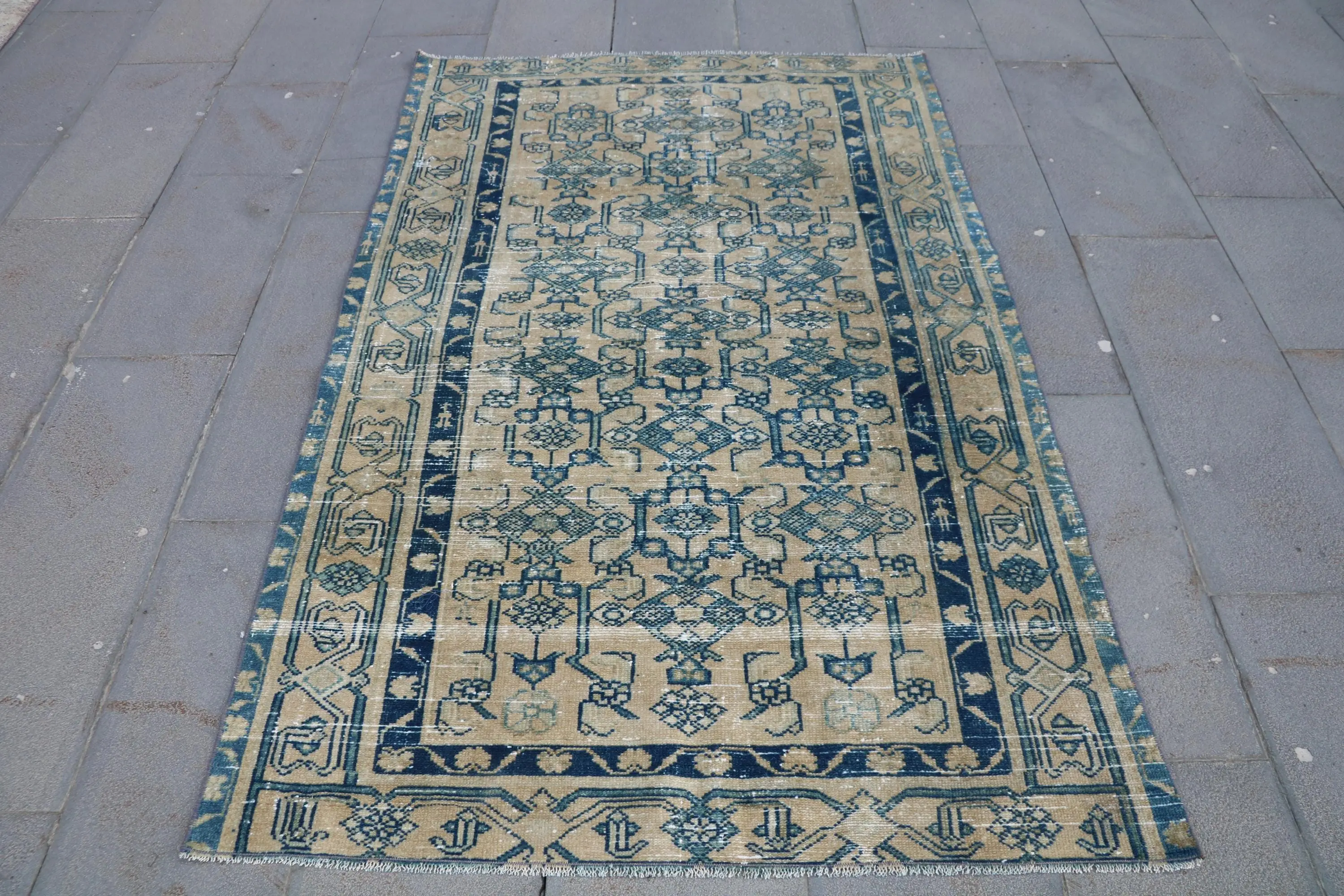 Türk Halısı, 3.9x6.1 ft Accent Vintage Halı, Mavi Kahverengi Kareli Halı - 1