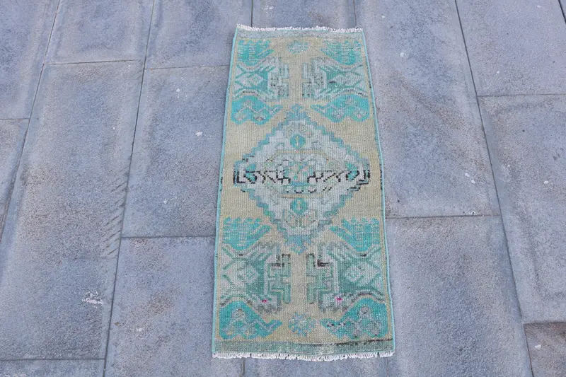 Vintage Turkish Oushak Rug 1.3x2.9 ft, Blue Small Camouflage Wool Rug - 1