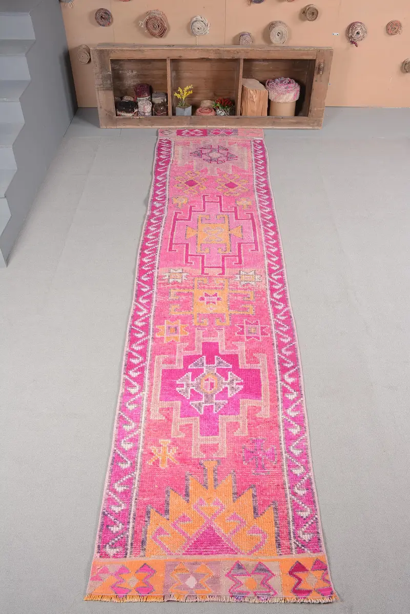 2.7x11.6 ft Vintage Rug, Small Turkish Rug, Pink Geometric Rug - 1