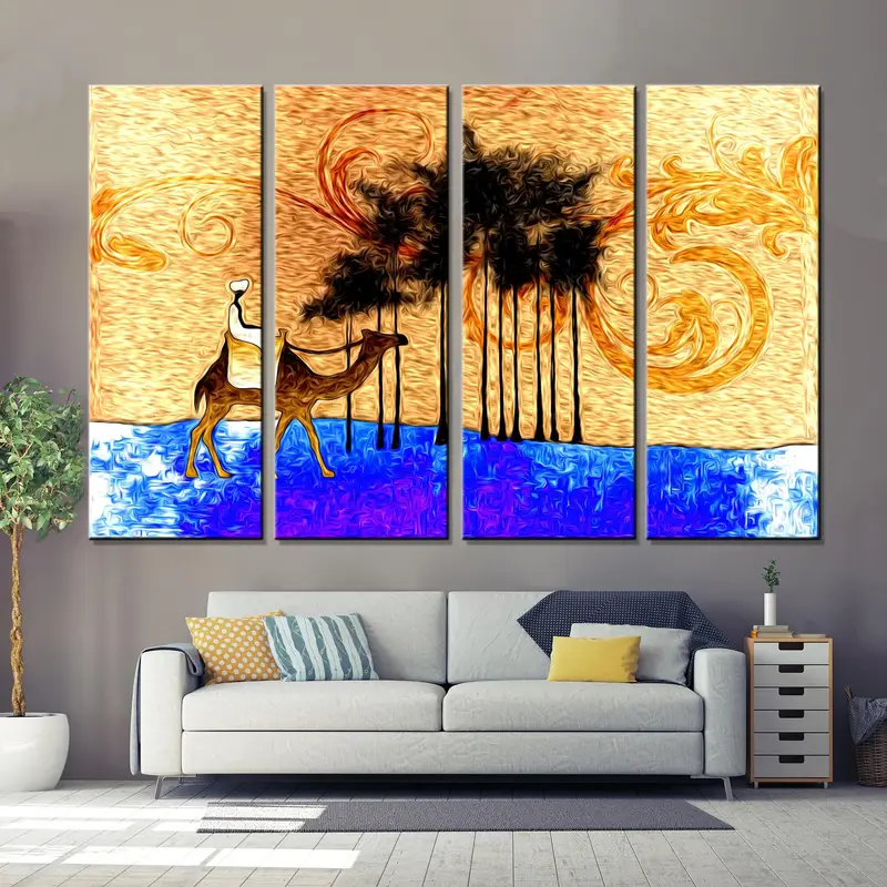 Sahara Desert Print, Camel Painting Wall Art, Palm Decor Canvas, African Abstract Art, Living Room Wall Art, Ethnic Retro Art, African Art - 2