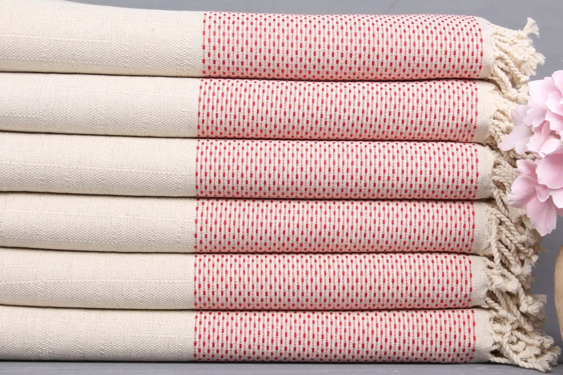Turkish Towel Beach Organic Cotton Red Beige, 40x71 Inches - 1