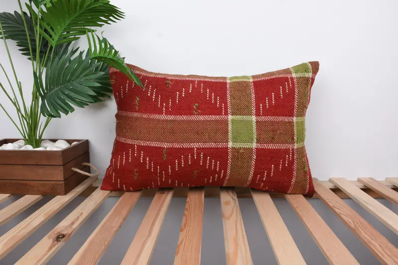Vintage Kilim Throw Pillow, 16x24 Red Cushion, Kilim Cushion Sham, Kilim Pillow, Crochet Pattern Pillow Sham, Cushion, Ethnic Cushion Case - 1