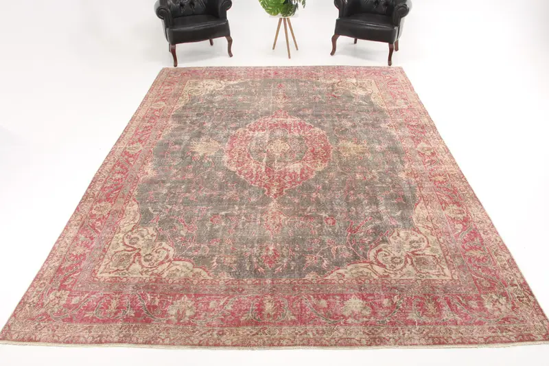 Oushak Vintage Rug, 8.9x11.8 ft Turkish Rug, Red Wool Rug - 1
