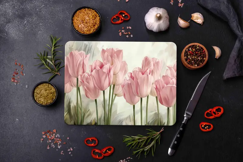 トレンディなピンクのチューリップガラスまな板、モダンなキッチンの必需品