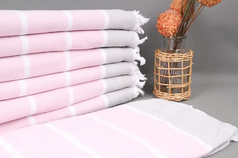 Turkish Beach Towel Powder Pink-Gray Terry Striped, Organic Cotton, 40x67 Inches