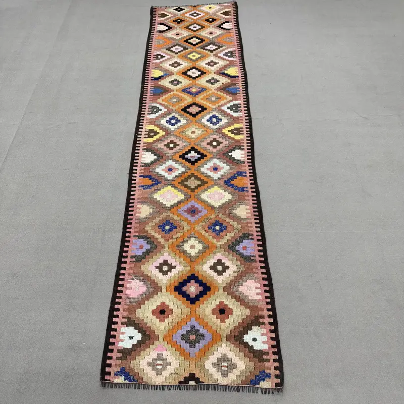 Vintage Kilim Yolluk Halısı 2,9x12,1 ft (88x368 cm), Türk Turuncu Patchwork Halı - 1