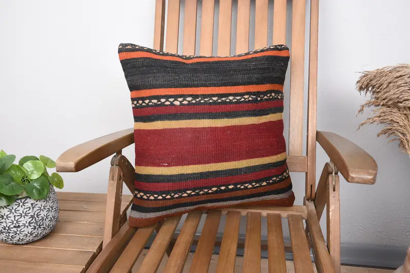 Turkish Square Cushion Cover, 18x18 inch Striped FloorRed Antique Wool Cushion Case - 1