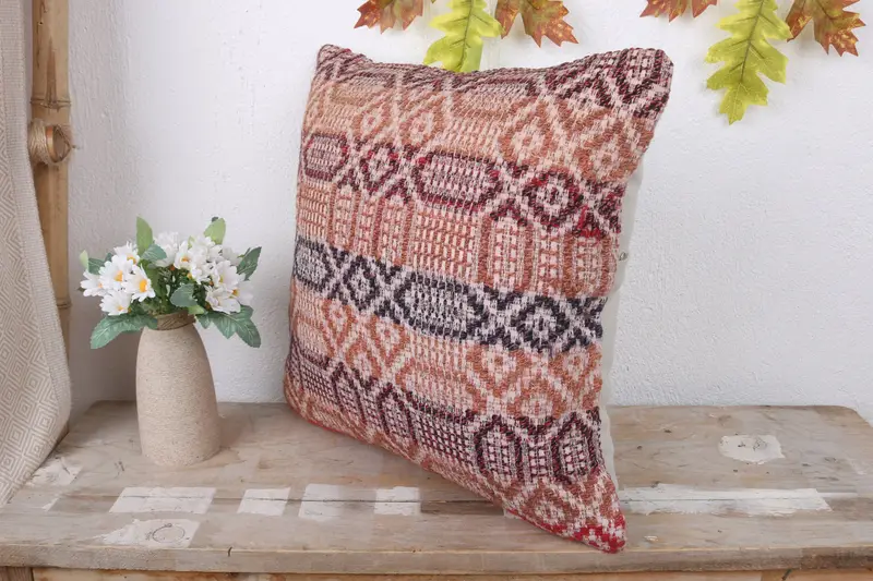 Ethnical Kilim Rug Pillow, Wholesale Cushion Cover, 16x16 Red Cushion, Christmas Cushion Cover, Pillow Cover, Pillow for Couch, Gift Pillow - 4