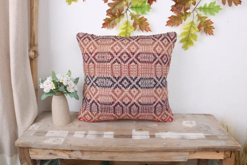 Ethnical Kilim Rug Pillow, Wholesale Cushion Cover, 16x16 Red Cushion, Christmas Cushion Cover, Pillow Cover, Pillow for Couch, Gift Pillow - 1