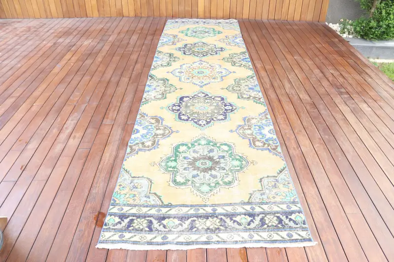Alfombra vintage turca de 3,3x12,3 pies, alfombra corredora, alfombra oriental Oushak azul - 1