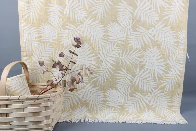 Organic Cotton Towel Floral Patterned Peshtemal, Mustard, Beige, 40x63 Inches