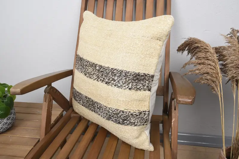 Cushion, Pillow for Sofa, Antique Pillows, Boho Chic Cushion Case, Kilim Cushion Sham, 20x20 Beige Cushion Cover, Sofa Bolster Cushion Case - 3