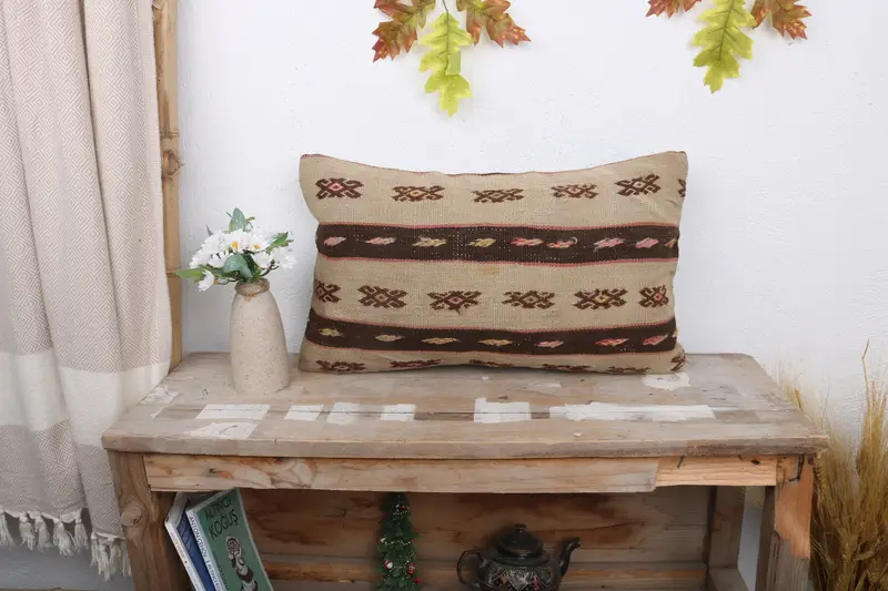 Pillow Case, 12x20 Beige Pillow Cover, Vintage Kilim Pillow, Handmade Kilim Cushion, Home Decor Pillow, Customized Pillow - 1