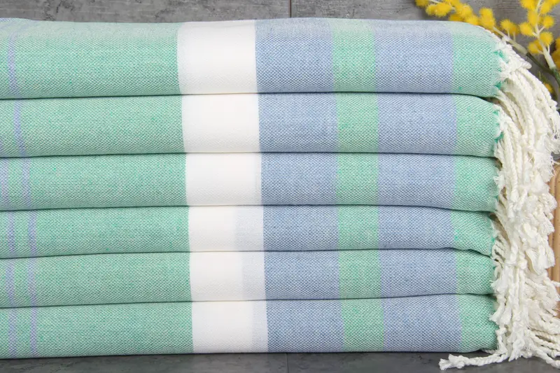 Turkish Beach Towel Personalized Green-Sax Blue Stripes, 40x75 Inches