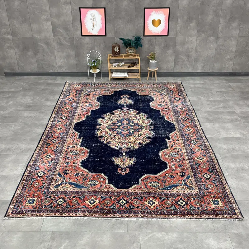 7.5x11.6 ft Vintage Rug, Turkish Oversize Rug, Blue Abstract Wool Rug - 1