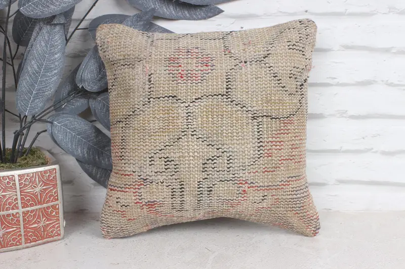 Pillow Case, Kilim Cushion Sham, 12x12 Beige Cushion Case, Tapestry Pillow Case, Vintage Pillow, Oriental Cushion, Kilim Pillow - 1