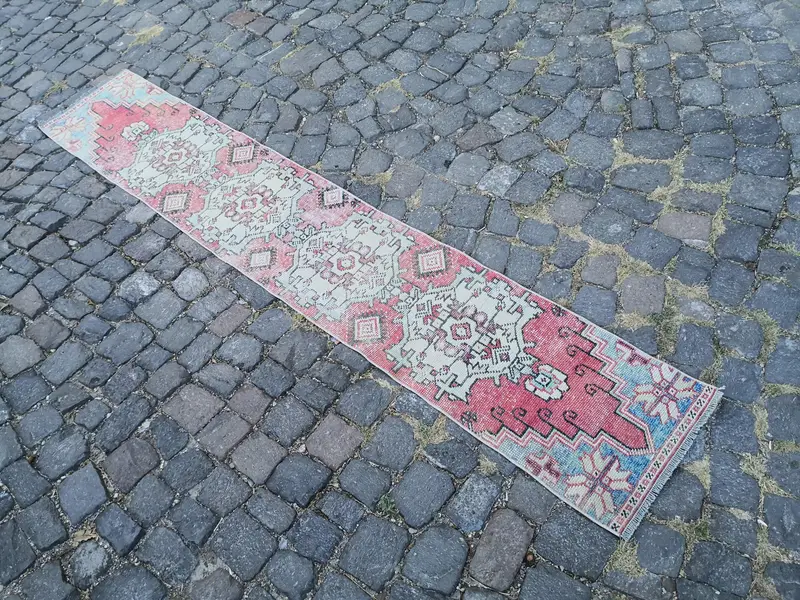 Turkish Vintage Runner Rug 1.5x8.8 ft, Red Blue Animal Print Rug - 1