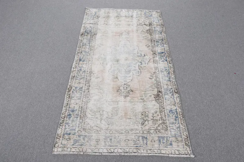 Vintage 2.9x5.5 ft Halı, Accent Türk Halısı, Mavi Beyaz Çizgili Yün Halı - 1