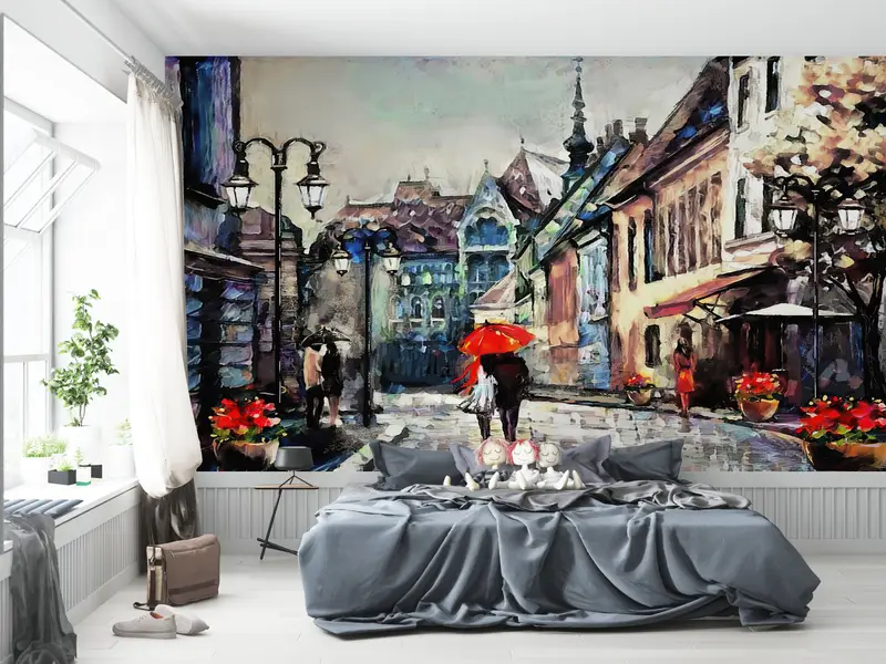Wall Paper Peel and Stick, Modern Wall Paper, 3d Wall Paper, Lovers Under The Red Umbrella, Romantic Couple Mural, - 4