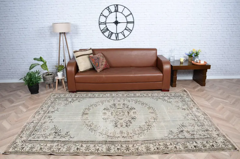 Vintage Türk Büyük Halı 5.9x8.7 ft, Gri Kahverengi Patchwork Halı - 1
