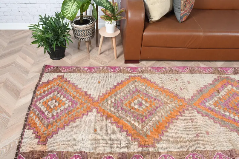 Oushak Vintage Rug, 3.4x11 ft Turkish Rug, Orange Striped Wool Rug - 1