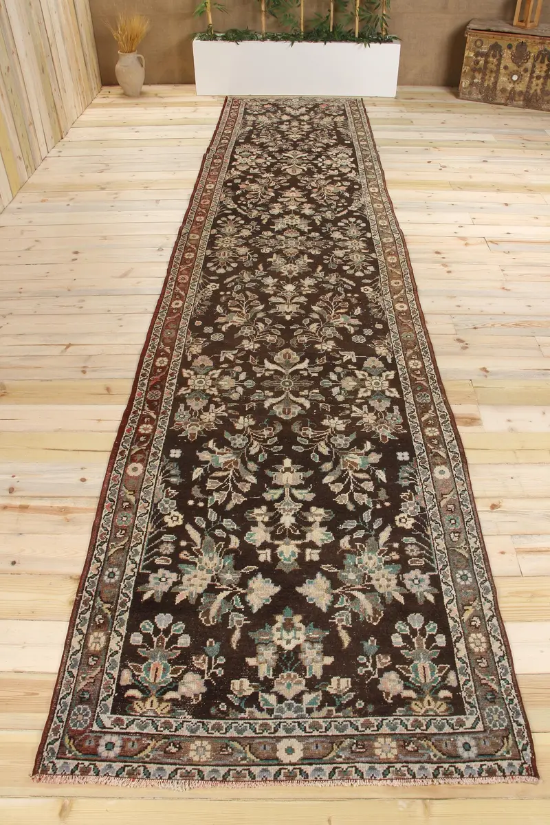 Handmade 3,1x16 ft Rug, Brown & Green Oriental