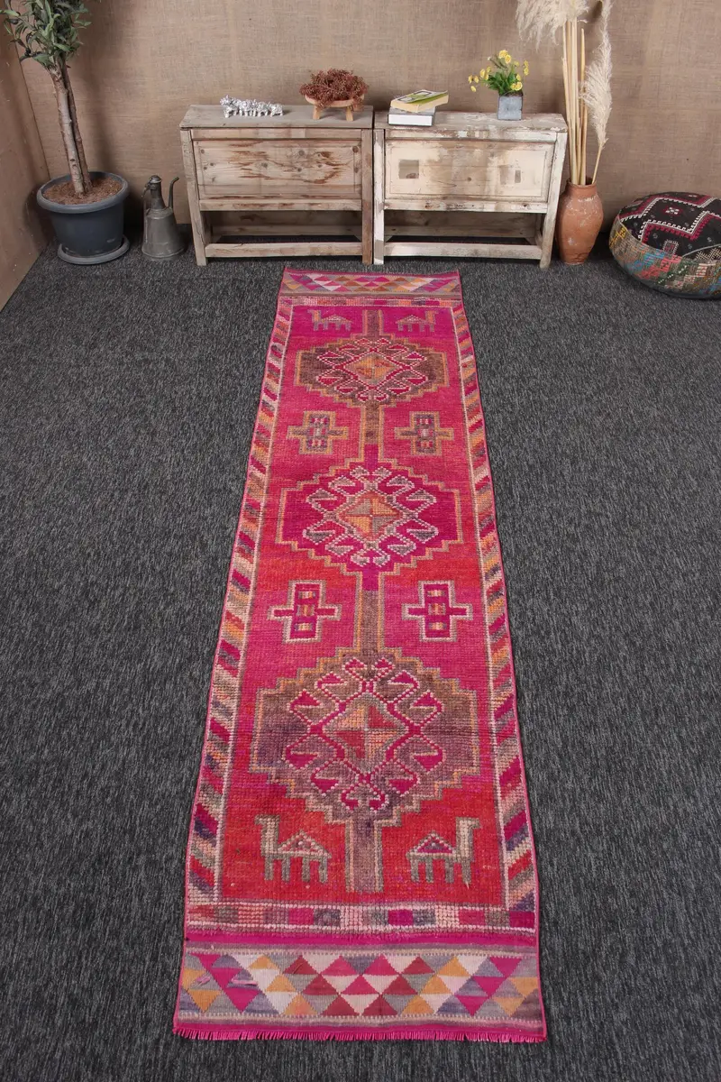 2.4x10.4 ft Herki Turkish Rug, Red Striped Vintage Rug Wool - 1