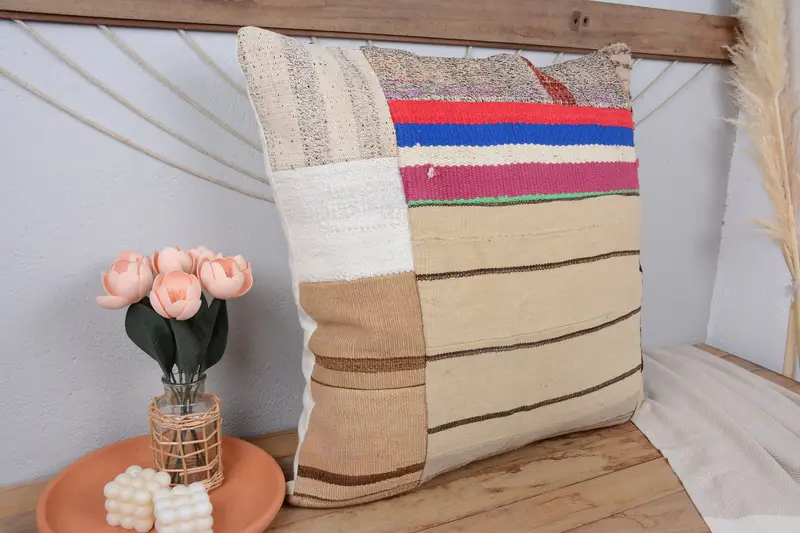 Beige & Bronze Patchwork Throw Pillow, Embroidered Vintage Cushion