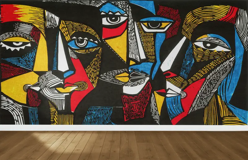 現代的なプリント壁紙: モダンな空間のための超現実的な抽象的な顔のアート