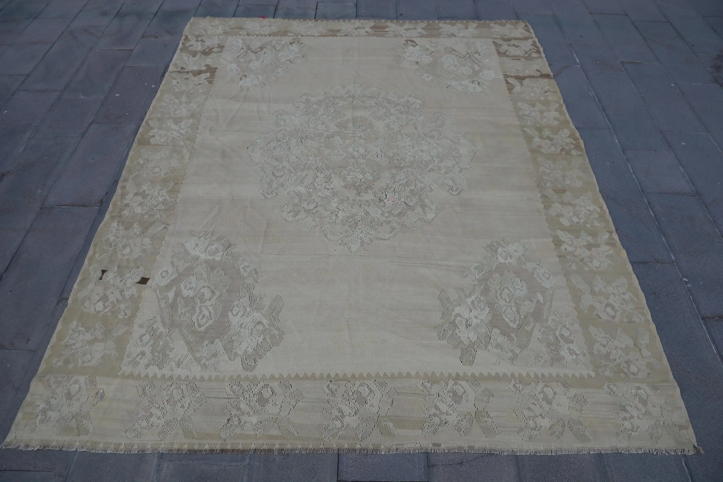 8.3x10.4 ft Rug, Vintage Turkish Rug, White Gray Camouflage Wool Rug - 1
