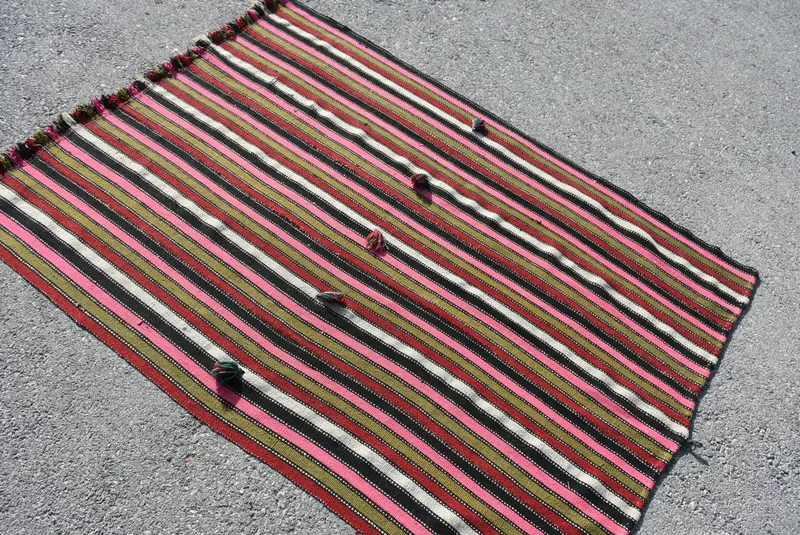 Turkish 4x5.4 ft Rug, Accent Vintage Rug, Red Black Plants & trees Wool Rug - 1