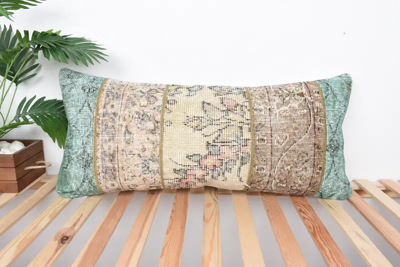 Grünes, beiges Patchwork-Wurfkissen, 16x36 handgemachtes Kissen